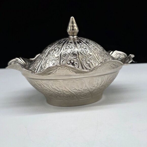 Turkish Silver Plated Decorative Dish With Lid Ruffled Rim Sena - Picture 5 of 10